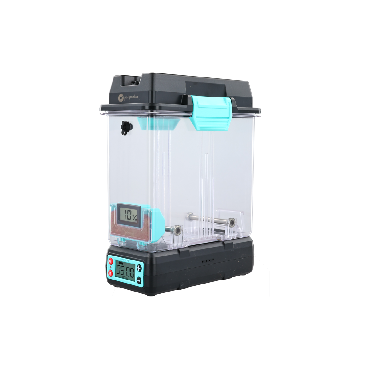 Polymaker PolyDryer front view with Dry Dock display and storage box