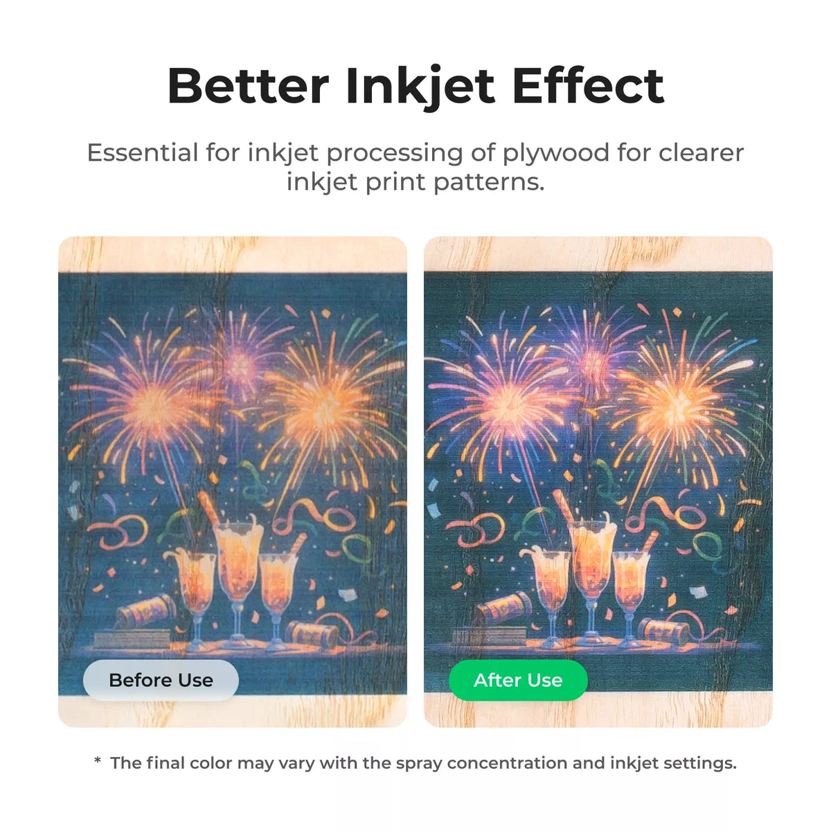 Inkjet print on plywood before and after xTool Wood Printing Fixative Spray